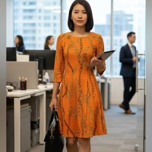 AGB Dress | Vibrant Orange Chain Print Career Sheath - Size 6